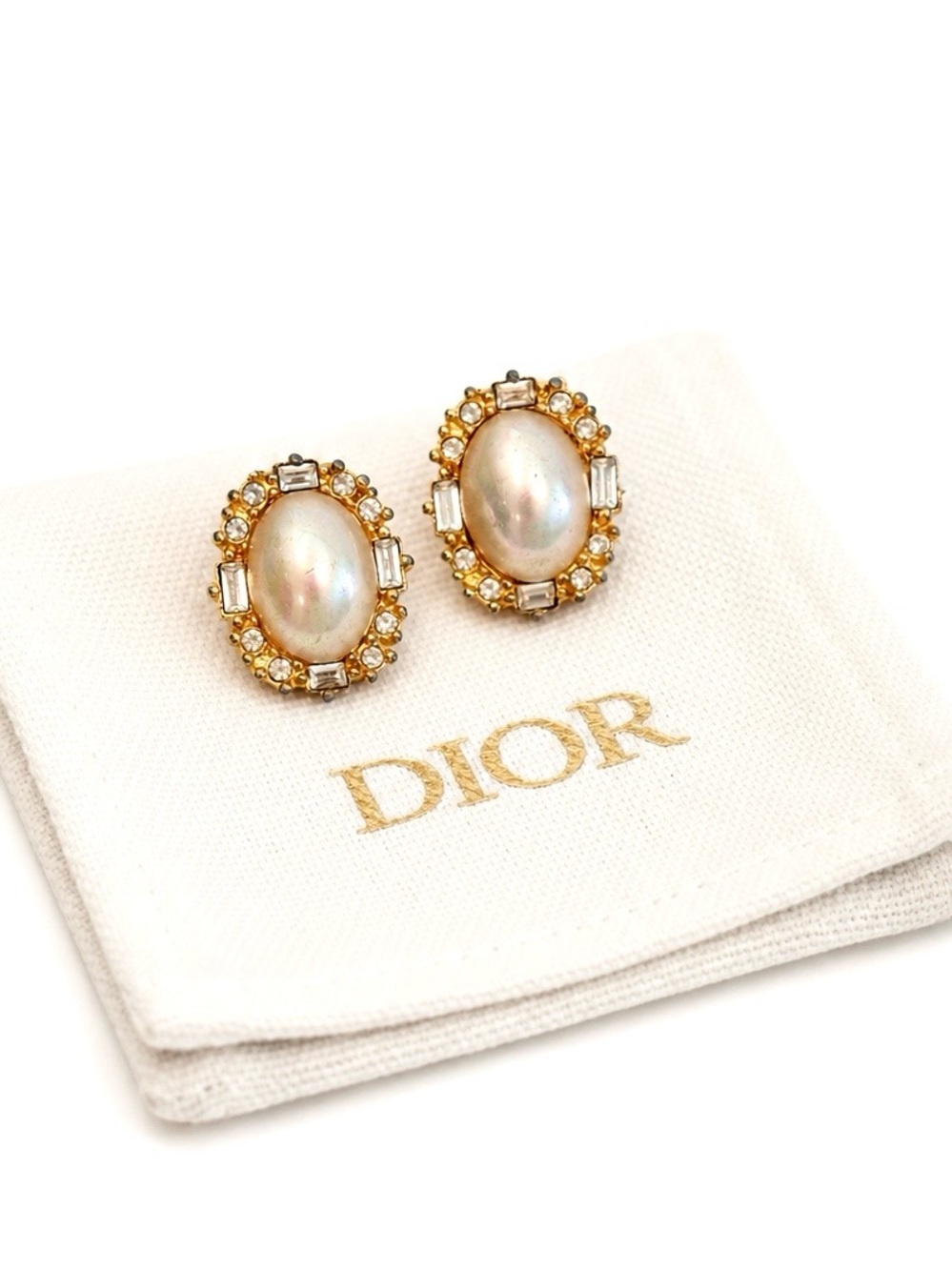 Christian Dior Vintage 1980s Gold Plated Oval Pearl Crystal Clip-On Earrings